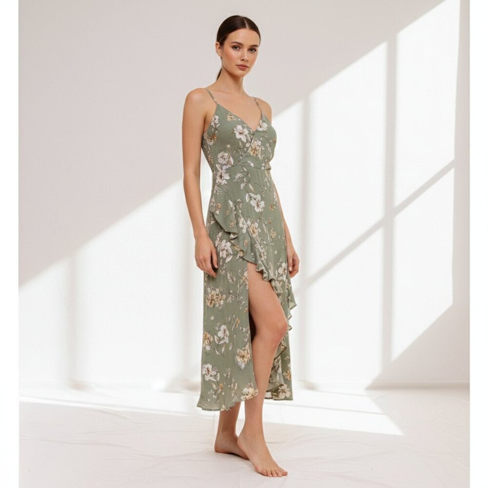 NWT Rokoko Floral Surplice Sphagetti Straps Front Slit Midi Dress‎ Green Women S